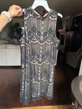 Sleeveless Black Lace Overlay Dress with Nude Lining